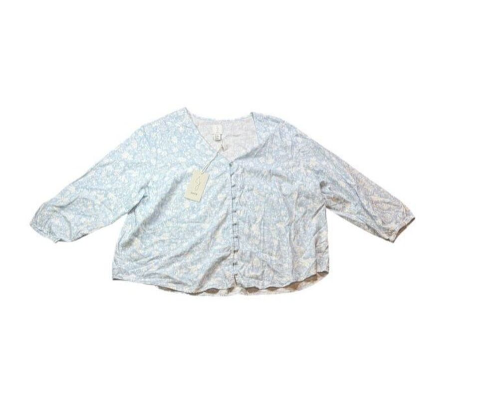 Joie Linen Blend Shirt Womens Size 2X Plus Light Blue Floral Covered Buttons